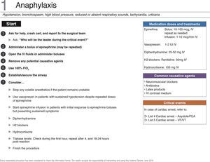 Checklist for managing anaphylaxis. PEA, pulseless electrical activity; FiO2, oxygen inspired fraction; FV, ventricular fibrillation; IV, intravenous; VT, ventricular tachycardia. Source: Translated and updated with authorization based on “OR Crisis Checklists” available at: www.projectcheck.org/crisis.