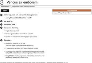 Checklist for the management of venous air embolism. PEA, pulseless electrical activity; FiO2, inspired oxygen fraction; IV, intravenous. Source: Translated and updated with authorization, based on “OR Crisis Checklists” available at: www.projectcheck.org/crisis.