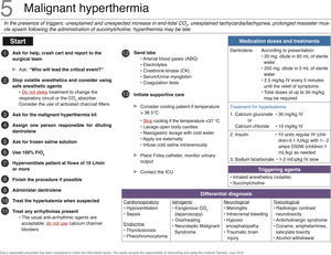 Checklist for the management of malignant hyperthermia. DDW, dextrose in distilled water; ETCO2, end-tidal carbon dioxide; FiO2, inspired oxygen fraction; VF, ventricular fibrillation; IV, intravenous; ICU, intensive care unit. Source: Translated and updated with authorization from “OR Crisis Checklists” available at: www.projectcheck.org/crisis.