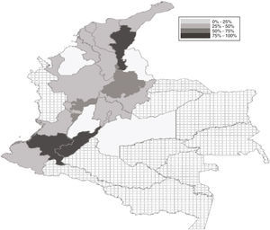 Map depicting the distribution of the rates or reuse of propofol in Colombia. * The squares represent the absence of response. Source: Authors.