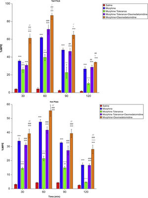 Effect of dexmedetomidine on morphine tolerance. (a) shows the effect of dexmedetomidine on morphine tolerance in the tail flick test; (b) shows the effect of dexmedetomidine on morphine tolerance in the hot plate test.