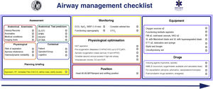 SEDAR SEMES pre-management airway checklist. CP: cricoid pressure; DFONA: difficult front of neck access; DL: difficult laryngoscopy; DMV: difficult mask ventilation; DSGAV: difficult supraglottic airway ventilation DTI: difficult tracheal intubation; ECG: electrocardiogram; EtO2: end-tidal oxygen concentration; ETT: endotracheal tube; FM: face mask; HFNO: high flow nasal oxygen therapy; NIBP: non-invasive blood pressure; NIV: non-invasive ventilation; NMB: neuromuscular blockade; SGA: supraglottic airway device; SpO2: peripheral oxygen saturation; VL: video laryngoscopy.