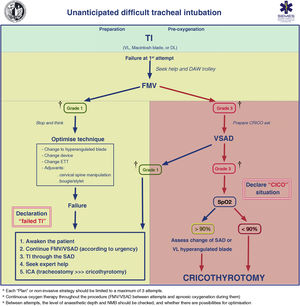 Treatment algorithm for unanticipated tracheal intubation. † Ventilation grades according to capnography waveform; CRICO: cricothyrotomy; DAW: difficult airway; DL: direct laryngoscopy; FONA: front-of-neck access; ETT: endotracheal tube; FMV: face mask ventilation; SAD: supraglottic airway device; SpO2: peripheral oxygen saturation; TI: tracheal intubation; VSAD: ventilation with supraglottic airway device; VL: videolaryngoscopy. *Each “Plan” or non-invasive strategy should be limited to a maximum of 3 attempts. *Continuous oxygen therapy throughout the procedure (FMV/VSAD between attempts and apnoeic oxygenation during them). *Between attempts, the level of anaesthetic depth and NMB should be checked, and whether there are possibilities for optimization.