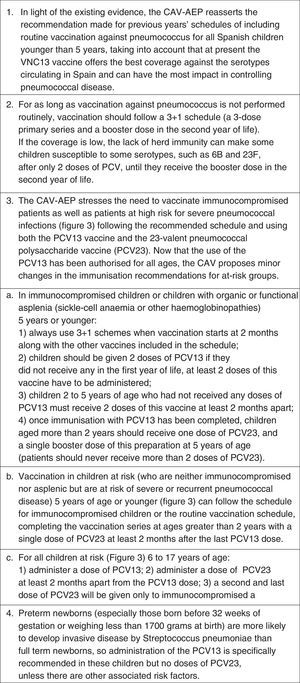 Recommendations of the CAV-AEP for vaccination against pneumococcal disease.