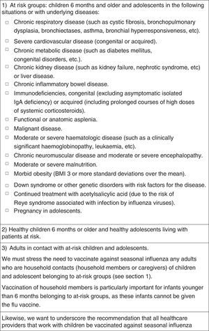 Recommendations of the CAV-AEP for vaccination against seasonal influenza, 2014–2015.