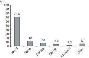 Mechanism of burn injury in patients admitted between years 2006 and 2012.