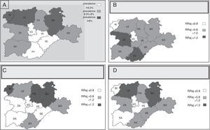 Maps showing information on geographical variability in the use of the principal maintenance therapy anti-asthmatics in the health areas of Castilla-León (2005–2010). (A) Map showing asthma prevalence in the health areas of Castilla-León. (B) Prescription of maintenance therapy by health area: antileukotrienes. (C) Prescription of maintenance therapy by health area: single-drug ICS. (D) Prescription of maintenance therapy by health area: β2 in combination. RRaj: age-adjusted rate ratio for each health area, in relation to the mean for all areas of Castilla-León.