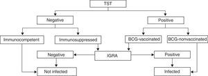 Algorithm for the use of the tuberculin skin test (TST) and interferon gamma release assay (IGRA) methods for the diagnosis of tuberculosis during pregnancy (adaptation for pregnant women of the algorithm proposed by the SEPAR for the general population).20