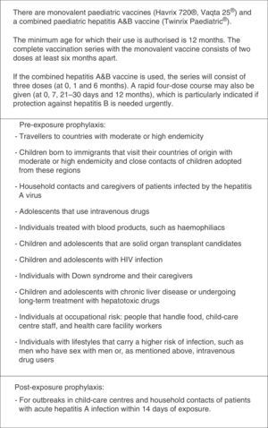 Preparations, dosage and recommendations of the CAV-AEP for vaccination against hepatitis A in children and adolescents that belong to at-risk groups.