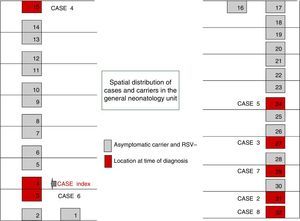 Spatial distribution of cases and carriers of RSV infection in the General Neonatology Unit.
