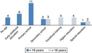 Number of patients that reach each level of educational attainment. We divided patients in two age groups: <18 years (25 patients) and ≥18 years (13 patients). Ten children required academic support.