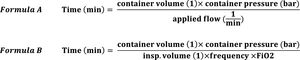 Calculation of the medical gas supply needed in transport. Formula A (time in minutes of medical gas autonomy delivering a constant flow with a flowmeter). Formula B (time in minutes autonomy in patient connected to mechanical ventilation). FiO2, inspired fraction of oxygen; IRV, inspiratory reserve volume.