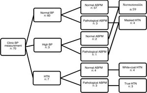 Distribution of hypertension phenotypes in the sample based on clinic and ambulatory blood pressure values.