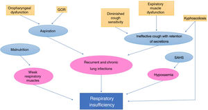 Factors involved in respiratory insufficiency in children with CP. GOR, gastro-oesophageal reflux; SAHS, sleep apnoea-hypopnoea syndrome.