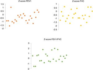 FEV1, FVC and FEV1/FVC ratio of the patients. FEV1, forced expiratory volume in the first second; FVC, forced vital capacity.