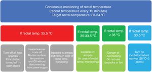 Algorithm for implementation of non-servo-controlled therapeutic hypothermia during neonatal transport. NT: neonatal transport.