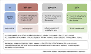 Multidisciplinary decision-making process with participation of the family in infants at the limit of viability (GA: gestational age in postmenstrual weeks).