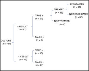 Tree diagram showing the total number of patients in who eradication was achieved with performance of culture alone for initial diagnosis.