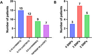 A. Number of patients with each of the described SNPs. B. Number of patients who had two or more of the SNPs under consideration.