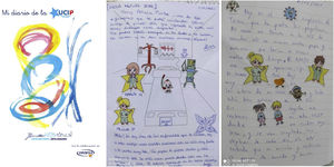 Cover of the diary (first image). Example of PICU diary entry written by a nurse (second image) and by a family member (third image).