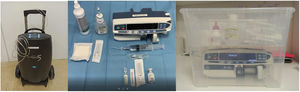 Examples of devices frequently used in HAH units. From left to right: oxygen concentrator, continuous infusion pump and supplies for administration of intravenous medication, example of supply box provided to the family.