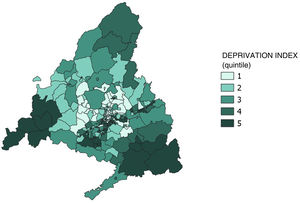 Spatial distribution of the deprivation index by basic health zone in the Community of Madrid.
