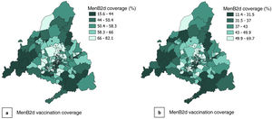 Spatial distribution of vaccination coverage by basic health zone in the Community of Madrid: MenB2d (a) and MenB3d (b).