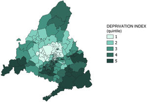Smoothed spatial distribution of the deprivation index by basic health zone in the Community of Madrid.
