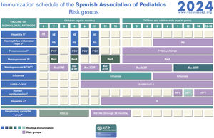 Immunization schedule of the Spanish Association of Pediatrics: 2024 recommendations. Risk groups. (1) Hepatitis B vaccine (HB).- Children of HBsAg-positive mothers will be given 1 dose of vaccine and 1 dose of hepatitis B immune globulin (HBIG) (0.5 mL) within 12 h of birth. In the case of unknown maternal serologic status, children will receive the vaccine within 12 h of birth, followed by 0.5 mL of HBIG, preferably within 72 h of birth, if maternal HBsAg-positive status is confirmed. Infants vaccinated at birth will adhere to the routine schedule for the first year of life, and thus will receive 4 doses of HB vaccine. There are other risk groups. (2) Haemophilus influenzae type b vaccine (Hib).- Vaccination in children aged more than 59 months is unnecessary, except in those belonging to risk groups: anatomic or functional asplenia, complement deficiency, treatment with eculizumab or ravulizumab, infection by HIV or history of invasive disease by H influenzae. In in unvaccinated or partially vaccinated children younger than 59 months, vaccinate according to the accelerated or catch-up vaccination schedule of the CAV-AEP. (3) Pneumococcal polysaccharide vaccine (PPSV).- The 23-valent vaccine (PPSV23) is indicated in children aged more than 2 years fully vaccinated with conjugate vaccine (PCV13 or PCV15) and with any disease increasing the risk of pneumococcal infection (1 or 2 doses, depending on risk factor); it should be given at least 8 weeks apart from the last dose of conjugate vaccine. When we have the 20-valent conjugate vaccine (PCV20), it will replace the dose of PPSV23 in children vaccinated with PCV13 or PCV15. In children who have been fully vaccinated with PCV20 (primary series and booster), administration of PPSV23 is not necessary. (4) Meningococcal B vaccine (MenB).- 4CMenB. Recommended in risk groups at any age from 1 year (infants under 1 year will be vaccinated according to the routine schedule): anatomic or functional asplenia, complement deficiency, treatment with eculizumab or ravulizumab, haematopoietic stem cell transplant recipients, infection by HIV, prior episode of invasive meningococcal disease (IMD) caused by any serogroup and contacts of an index case of IMD caused by serogroup B in the context of an outbreak. Subsequently, with the exception of children aged less than 2 years or with a history of IMD, 1 dose of MenB should be given one year after completion of the primary series and every 5 years thereafter. In the context of an outbreak of IMD caused by group B, patients in risk groups should be given a booster dose if at least 1 year has elapsed from completion of the primary vaccination series. (5) Meningococcal ACWY conjugate vaccine(MenACWY).- The MenACWY continues to be particularly recommended for children and adolescents who are going to move to countries where this vaccine is indicated at the corresponding age (Canada, USA, Argentina, Chile, Saudi Arabia, Australia, Andorra, Austria, Belgium, Cyprus, Slovakia, Greece, Ireland, Italy, Malta, Netherlands, United Kingdom, Czech Republic, San Marino, Switzerland) and children in risk groups: anatomic or functional asplenia, complement deficiency, treatment with eculizumab or ravulizumab, haematopoietic stem cell transplant recipients, infection by HIV, prior episode of invasive meningococcal disease (IMD) caused by any serogroup and contacts of an index case of IMD caused by serogroup A, C, W or Y in the context of an outbreak. Primary vaccination at any age with 2 doses at least 2 months apart. If the risk persists, administration of a booster dose is recommended every 3 years in children aged less than 7 years and every 5 years in older children. Travellers to Mecca or the African meningitis belt in the dry season must also be vaccinated with MenACWY. (6) Influenza vaccine.- Recommended for all risk groups and household contacts from age 6 months. The risk groups relevant to this vaccine can be found in the document outlining the recommendations of the CAV-AEP for the 2023−2024 season. (7) SARS-CoV-2 vaccine.- According to the recommendations of the Public Health Commission of Spain concerning vaccination against COVID-19 for the 2023−2024 season, vaccination is indicated from age 6 months in individuals with diseases considered a high or very high risk, receiving immunosuppressive treatment or who are household contacts of at-risk individuals, as well as individuals aged 5 years or older living in residential facilities or institutionalised for prolonged periods. Monovalent vaccines against the omicron XBB.1.5 variants should be used: Comirnaty XBB.1.5 (preparations containing 3 µg [age 6 months–4 years], 10 µg [age 5−11 years] or 30 µg [age ≥ 12 years]) or Spikevax XBB.1.5 (available as 0.1 mg/mL multidose vial to deliver 10 doses of 2.5 mL/25 µg [age 6 months–11 years] or 5 doses of 0.5 mL/50 µg [age ≥ 11 years]). Primary vaccination in individuals aged more than 6 months who have had the infection: single dose, at least 3 months after the infection, except in severely immunosuppressed patients, who should receive a second dose at least 3 months after the first one. Primary vaccination in individuals with no history of infection: for those aged 5 years or older, a single dose; for children aged 6 months to 4 years, 3 doses at 0, 3 and 8 weeks of Comirnaty XBB.1.5 3 µg or 2 doses of Spikevax XBB.1.5 (0.25 mL/25 µg) at 0 and 28 days. In children aged 6 months to 4 years who are partially vaccinated, complete the series with one of the new monovalent vaccines. Annual seasonal dose (autumn-winter 2023−2024) in risk groups: single dose, independently of the number of doses received in the past, in those previously vaccinated or with a previous history of SARS-CoV-2 infection at least 3 months after the last dose of vaccine or episode of infection. The risk groups can be consulted in the recommendations published by the Ministry of Health and in the online manual of immunizations of the CAV-AEP. (8) Human papillomavirus vaccine (VPH).- Vaccination is indicated from age 9 years, always with 3 doses, in immunosuppressed individuals. Consult the Manual of immunizations for other risk groups. (9). Hepatitis A vaccine (HA).- The pre-exposure and post-exposure risk groups are detailed in our Manual. Infants aged 6–11 months traveling to risk areas can be given the vaccine, but it will not count as a valid dose toward the routine vaccination series, which will have to start over from age 12 months. (10)Respiratory syncytial virus antibody(RSVAb).- Administration of nirsevimab (anti-VRS antibody) is recommended annually (for 2 seasons) in children aged less than 2 years with underlying disease increasing the risk of severe RSV infection, preferably just before the usual start of the RSV season (October).