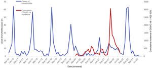 Number of cases per month/year and cumulative incidence of bronchiolitis and COVID-19 during the pandemic.