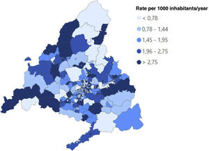 Distribution of crude incidence rates of asthma in patients aged 6 to 14 years per 1000 children per year by basic health zone in the Community of Madrid. Year 2021.