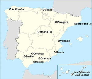 Map showing the geographical distribution of the 17 centers that participated in the survey.