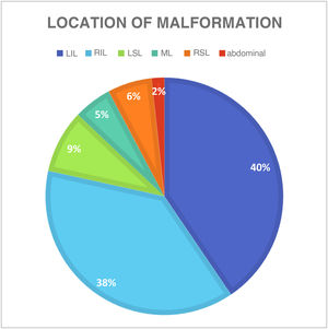 Location of pulmonary malformation. RIL, right inferior lobe; LIL, left inferior lobe, ML, middle lobe; RSL, right superior lobe; LSL, left superior lobe.