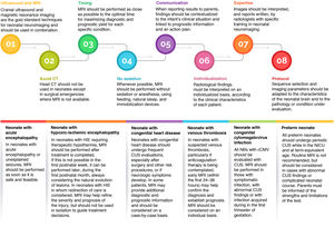 Summary of recommendations. Abbreviations: cCMV, congenital cytomegalovirus; CT, computed tomography; CUS, cranial ultrasound; HIE, hypoxic-ischemic encephalopathy; MRI, magnetic resonance imaging; NB, newborn; NICU, neonatal intensive care unit.