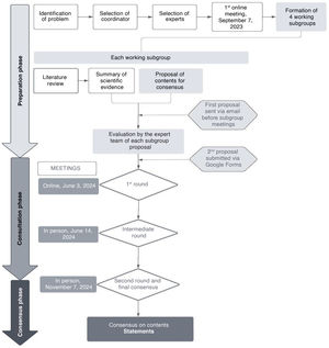 Diagram of the consensus method. An adapted Delphi methodology was used to reach robust consensus in this review. The process began with the preparation phase, in which the coordinators, representatives of the Asociación Española de Pediatría and the Sociedad Española de Sueño, asked scientific societies to appoint their representatives. After that, in an online meeting, four working subgroups were established. Each was composed of two to three specialists, tasked to review the scientific literature and, in the case of limited evidence, apply their professional expertise in developing an initial content proposal. The results were evaluated in a face-to-face meeting on June 14, identifying points of agreement and disagreement. Finally, in November 2024, during a second face-to-face round, the results were consolidated and a definitive agreement was reached, leading to the consensus statements presented in this document.