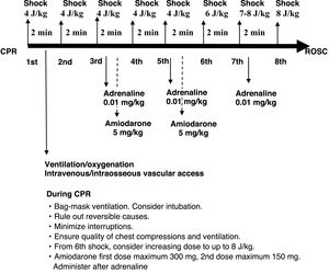 Pediatric advanced CPR algorithm, shockable rhythms.
