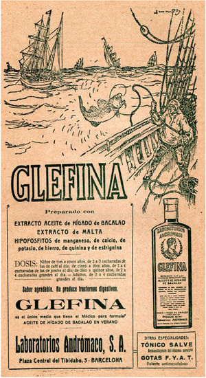 Advertisement for cod liver oil extract manufactured at the Andrómaco Laboratories in Barcelona.