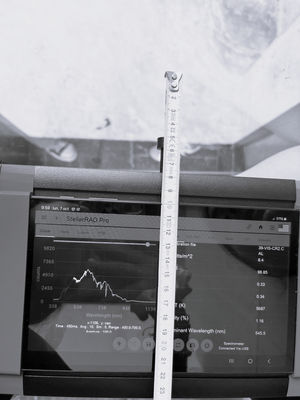 Handheld StellarRAD spectroradiometer and arrangement of glazing for the experiment.