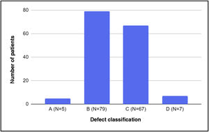 Distribution of patients by observed defect size, expressed as absolute frequency.