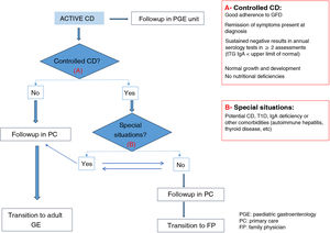 Follow-up algorithm based on the stage of disease.