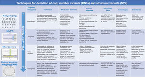 Comparison of the different techniques that allow detection of CNVs and SVs. Source: Miller et al., 2010.4 Comparison of the different techniques that allow detection of CNVs and SVs. Source: Miller et al., 2010.4