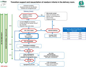 Transition support and resuscitation of newborn infants in the delivery room.