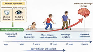 Natural history of cerebrotendinous xanthomatosis through the end of childhood. Diagram of the progression of CTX from the initial symptoms in childhood to progressive neurologic deterioration. The diagram highlights the early sentinel symptoms (chronic diarrhea and pediatric cataracts) and the early therapeutic time window during which initiation of treatment with bile acids can prevent irreversible neurologic damage.
