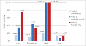 Percentage of patients assigned to high-complexity care based on clinical severity profiles. Three clinical severity profiles: Pain (mild, moderate, and severe); degree of burn (2nd-superficial, 2nd-deep, and 3rd); burned BSA (<10%, 10%–20% and >20%); age group (adolescent, school-aged and <5 years). The y-axis shows the percentage of patients who required hospitalization or transfer to a referral hospital. Values expressed as percentages; some categories had a small sample size.