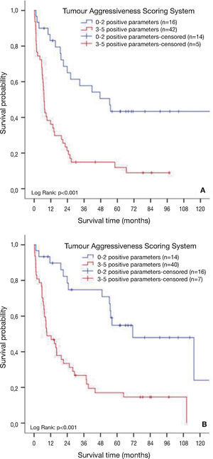 Survival analysis of urothelial bladder cancer patients based on a tumour aggressiveness scoring system. 5-year disease-free survival (A) and 5-year overall survival (B) based on a tumour aggressiveness scoring system that includes T3/T4 pathologic stage, grade III, occurrence of blood vessel invasion by malignant emboli, occurrence of lymphatic vessel invasion by isolated malignant cells and CD147 overexpression (n=77) (adapted from Afonso et al.51).