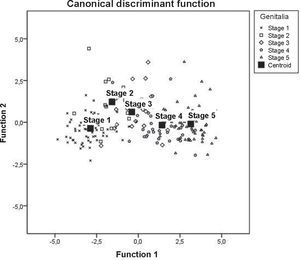 Graphical representation of the centroid of the canonical discriminant functions