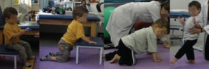 Post-intervention results: (A) While sitting on the low stool, the patient maintained trunk control performing uni- or bimanual object handling; (B) Patient can transfer from the sitting to the kneeling position using a low stool support; (C) Patient remains on all fours and performs decoupling of limbs; (D) In the standing position, patient walks with the therapist's support
