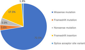 Type and frequency of disease-causing variants and variants of uncertain significance in ALPL. The figure shows the total number of reported disease-causing variants (80 variants belonging to a total of 77 patients) and their type.
