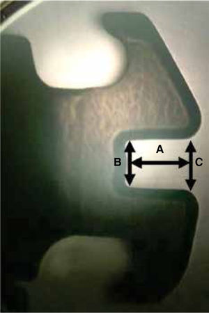 3M bracket showing the evaluated measures . A) Depth. B) Internal height. C) External height.