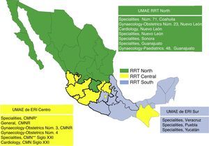Mapping of the rapid response teams (RRT) at Instituto Mexicano del Seguro Social (IMSS). The High Speciality Medical Units (UMAE) which support obstetric care are shown in the respective boxes for each rapid response team. CMNR: “La Raza” National Medical Centre, CMN: National Medical Centre.